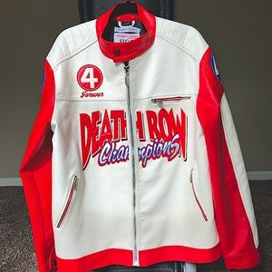 🔥 2XL Leather Coat . White/Red & Blue 🔴⚪️ . Coat is in excellent condition